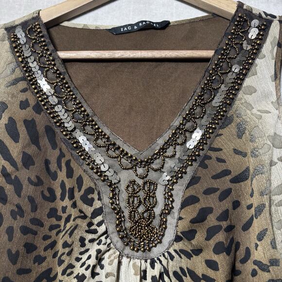 Zac Rachel Sleeveless Tunic Leopard Animal Print Beaded Sequin Ruffle Sz Medium - Picture 2 of 8